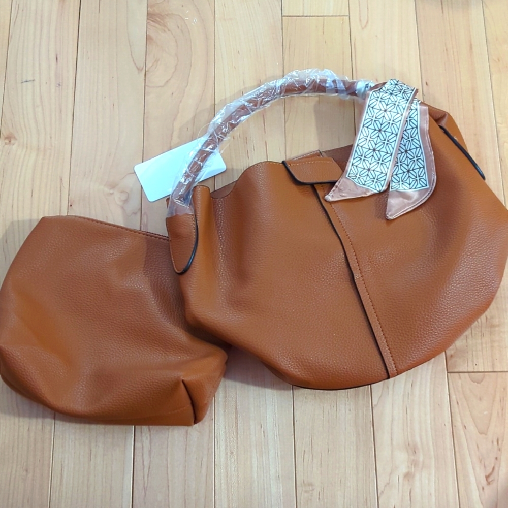 Brown top handle bag with pouch and twilly and long strap